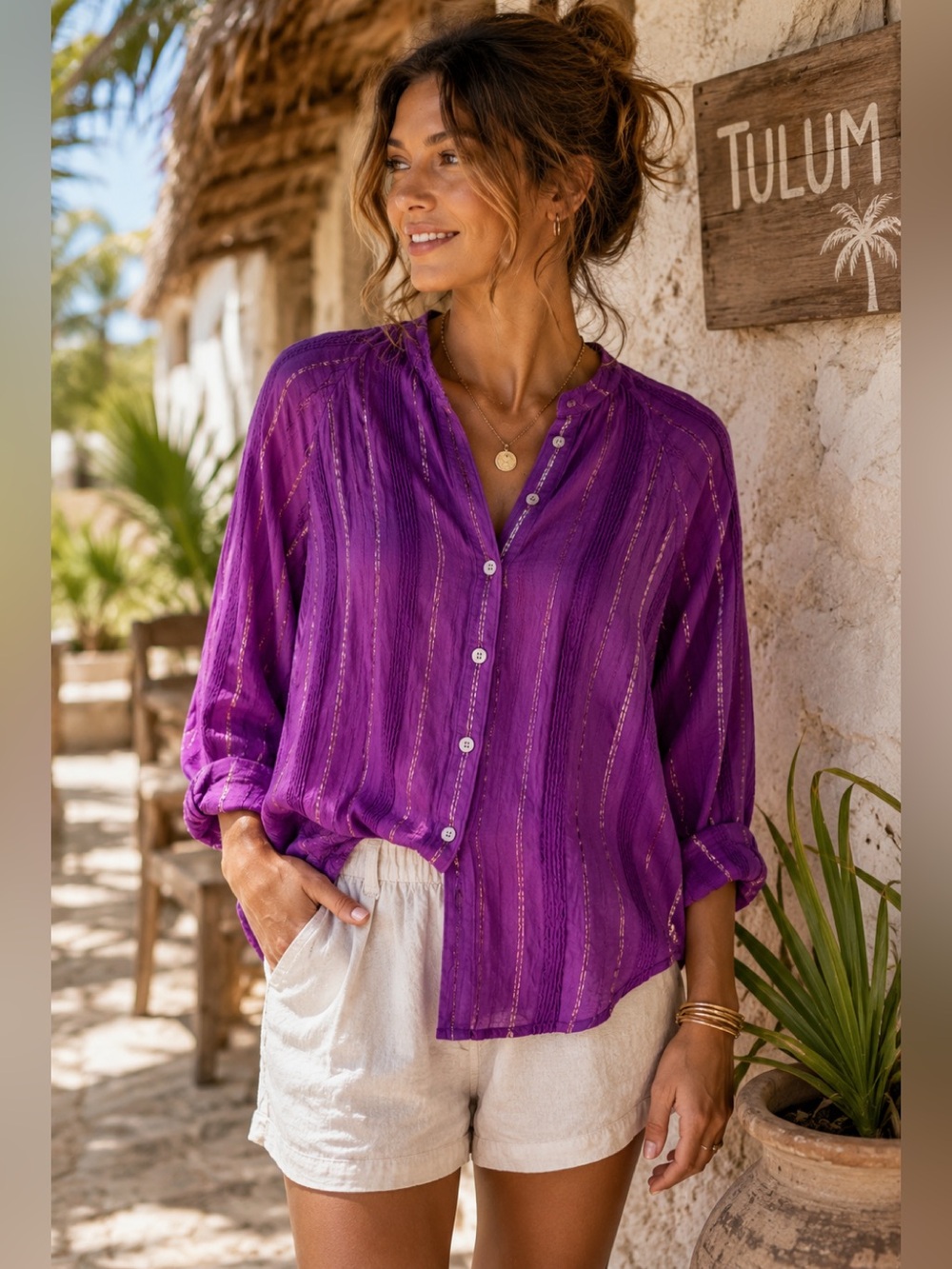 Italian Cotton Boho Blouse Purple Metallic Stripe Relaxed Fit M